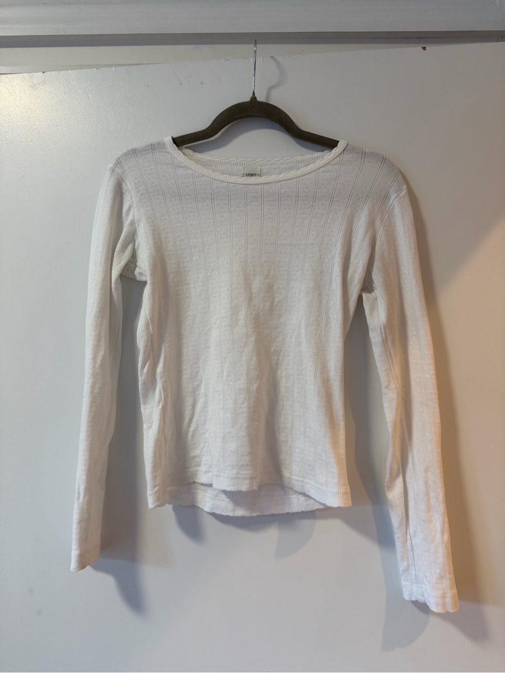 Leset Pointelle White Long-Sleeve Top